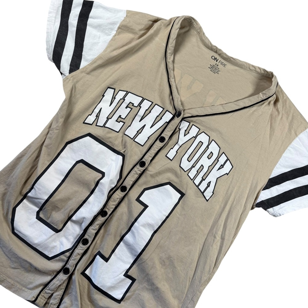 On Fire Baseball Jersey Shirt Womens 3X Tan New York 01 Graphic Short Sleeve